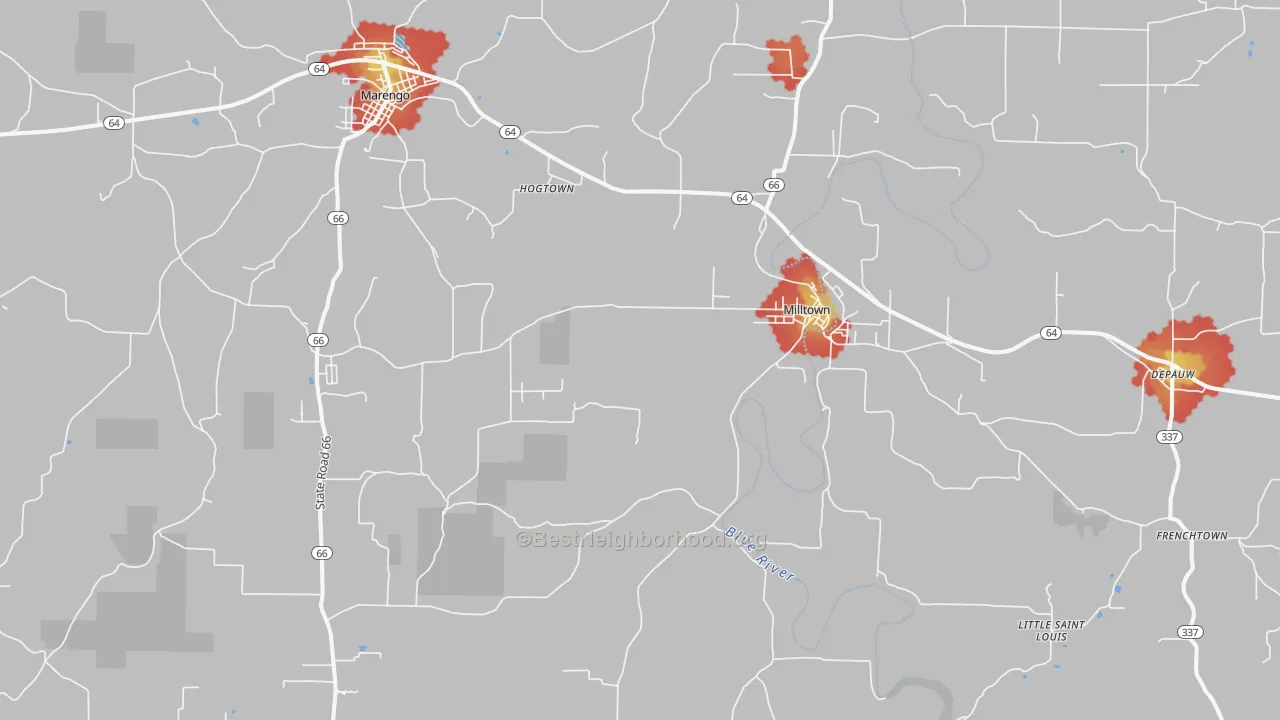 Walk Grade map of 47145, IN, walkable areas in green and car-dependent areas in red