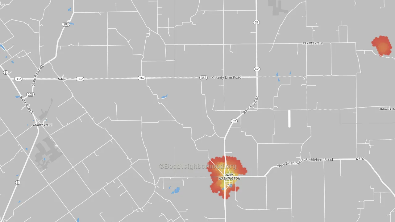 Walk Grade map of 47147, IN, walkable areas in green and car-dependent areas in red