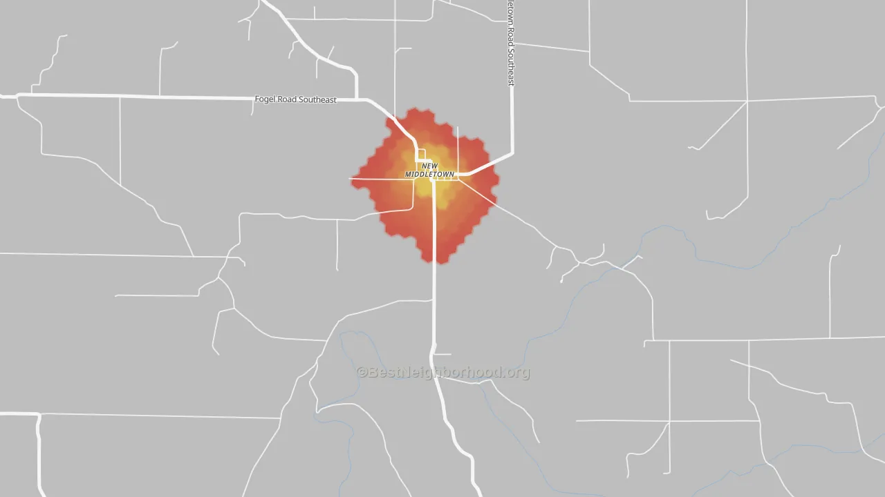 Walk Grade map of 47160, IN, walkable areas in green and car-dependent areas in red
