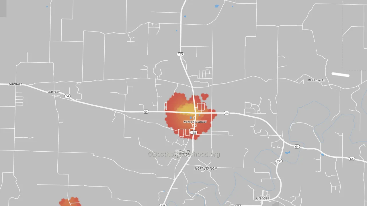 Walk Grade map of 47161, IN, walkable areas in green and car-dependent areas in red