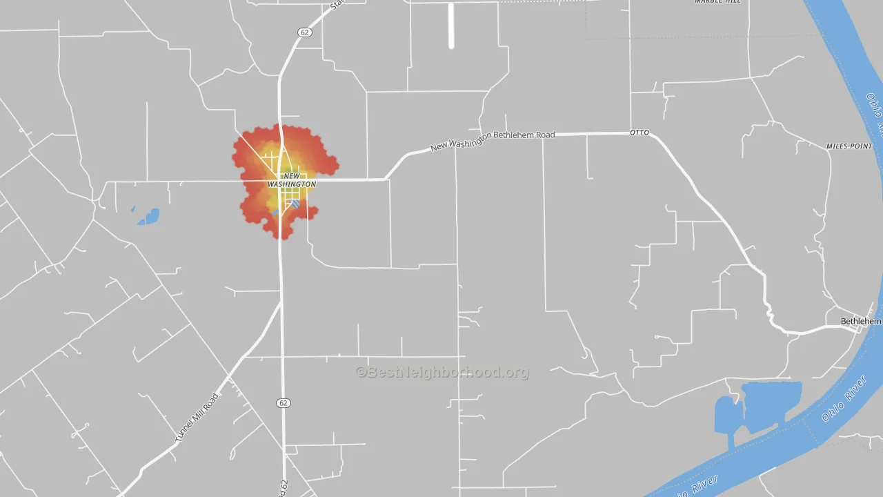Walk Grade map of 47162, IN, walkable areas in green and car-dependent areas in red