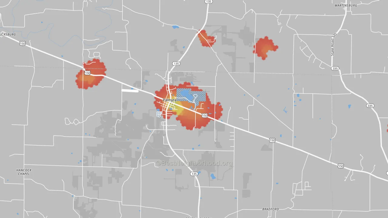 Walk Grade map of 47164, IN, walkable areas in green and car-dependent areas in red