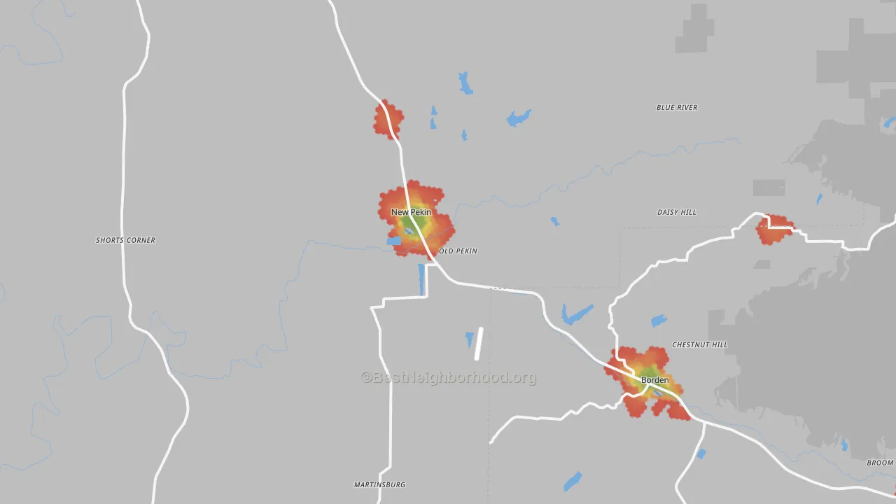 Walk Grade map of 47165, IN, walkable areas in green and car-dependent areas in red