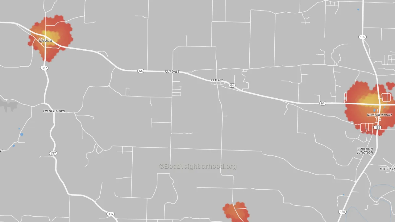 Walk Grade map of 47166, IN, walkable areas in green and car-dependent areas in red