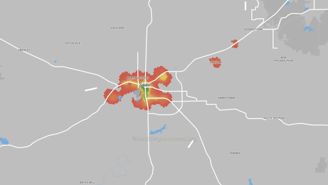 Walk Grade map of 47167, IN, walkable areas in green and car-dependent areas in red