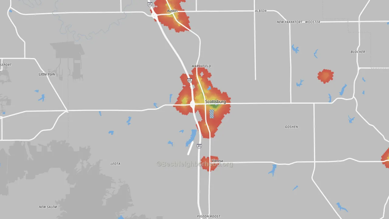 Walk Grade map of 47170, IN, walkable areas in green and car-dependent areas in red