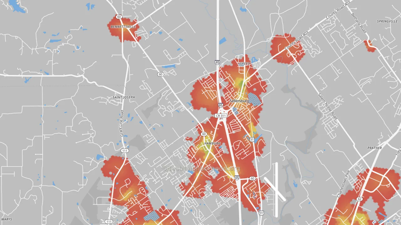 Walk Grade map of 47172, IN, walkable areas in green and car-dependent areas in red
