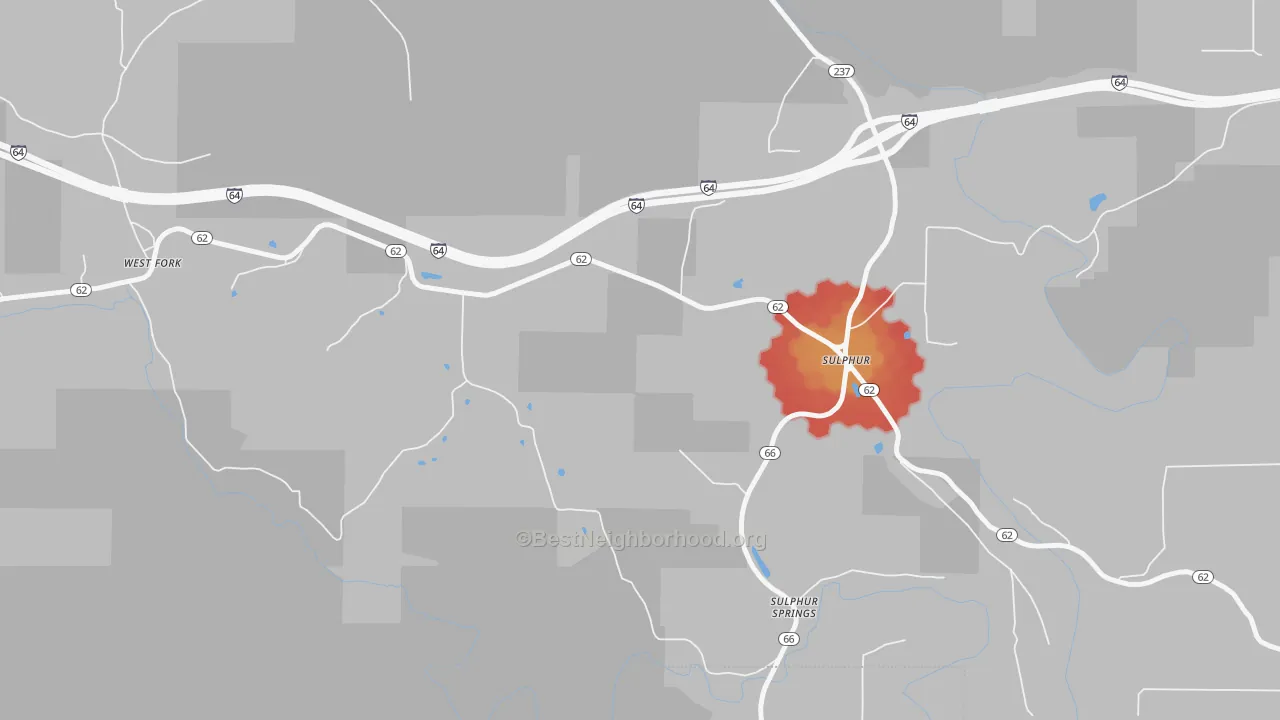 Walk Grade map of 47174, IN, walkable areas in green and car-dependent areas in red