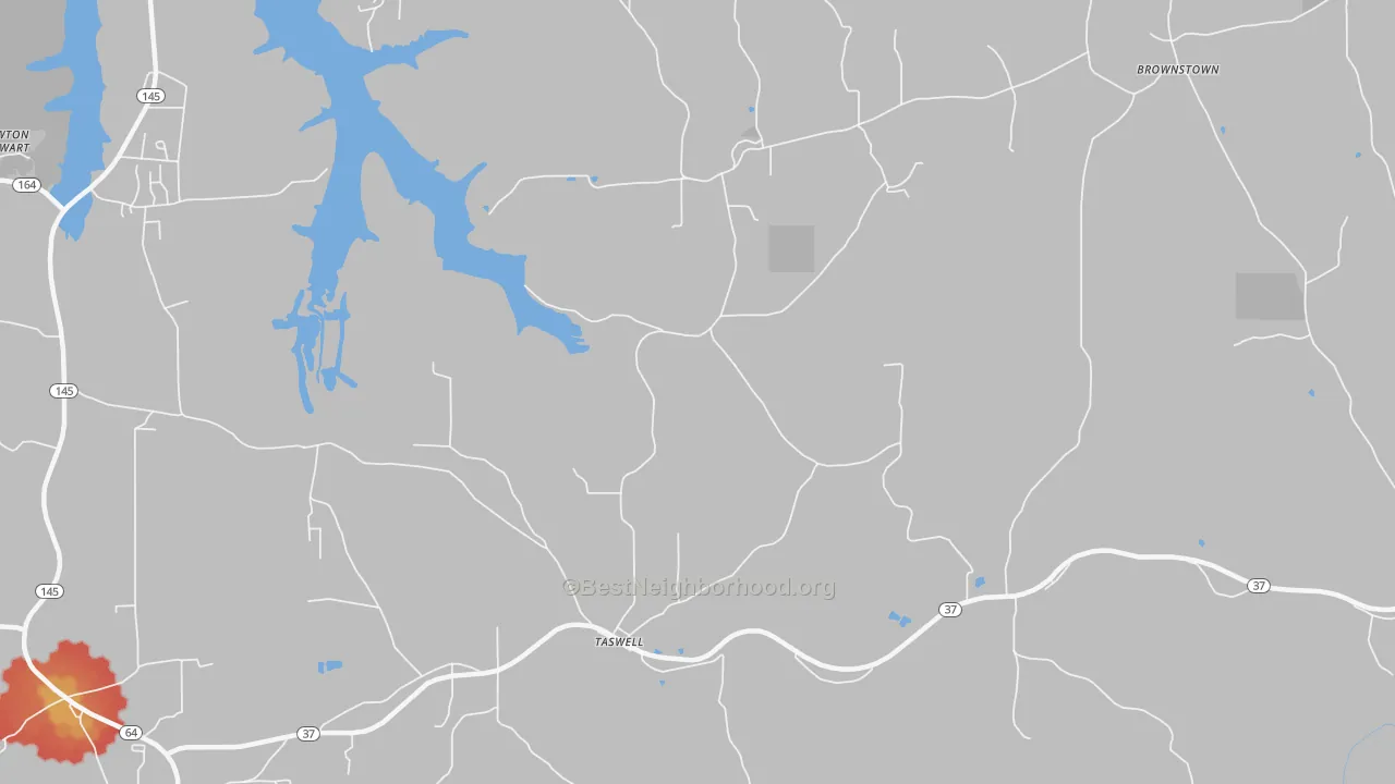 Walk Grade map of 47175, IN, walkable areas in green and car-dependent areas in red