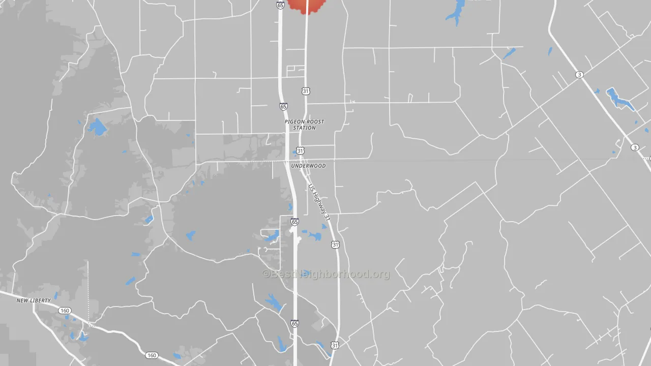 Walk Grade map of 47177, IN, walkable areas in green and car-dependent areas in red
