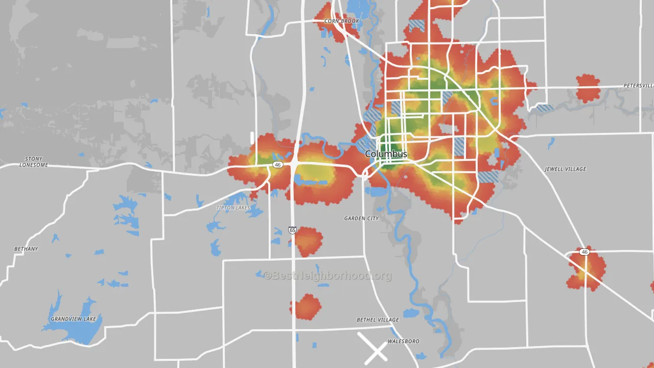Walk Grade map of 47201, IN, walkable areas in green and car-dependent areas in red