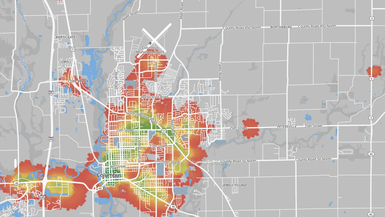Walk Grade map of 47203, IN, walkable areas in green and car-dependent areas in red
