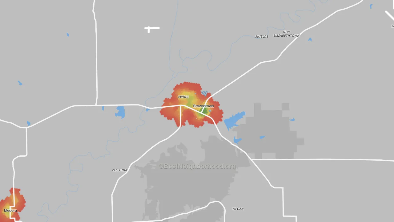 Walk Grade map of 47220, IN, walkable areas in green and car-dependent areas in red