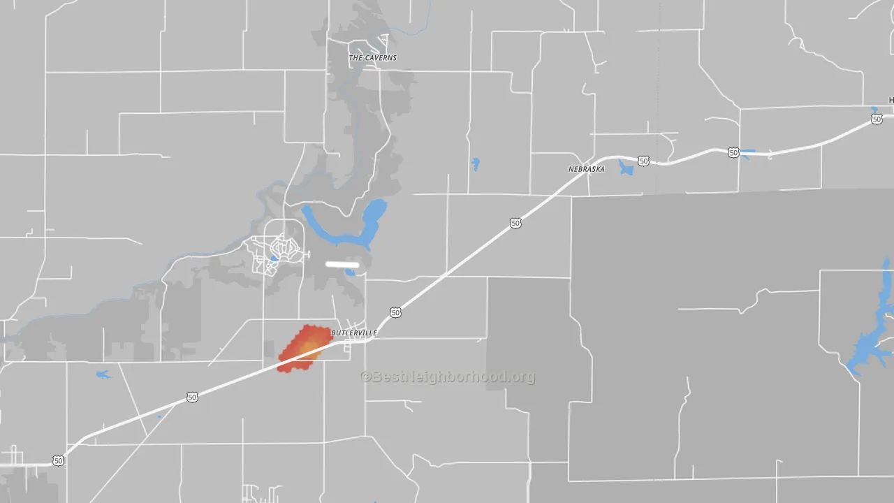 Walk Grade map of 47223, IN, walkable areas in green and car-dependent areas in red