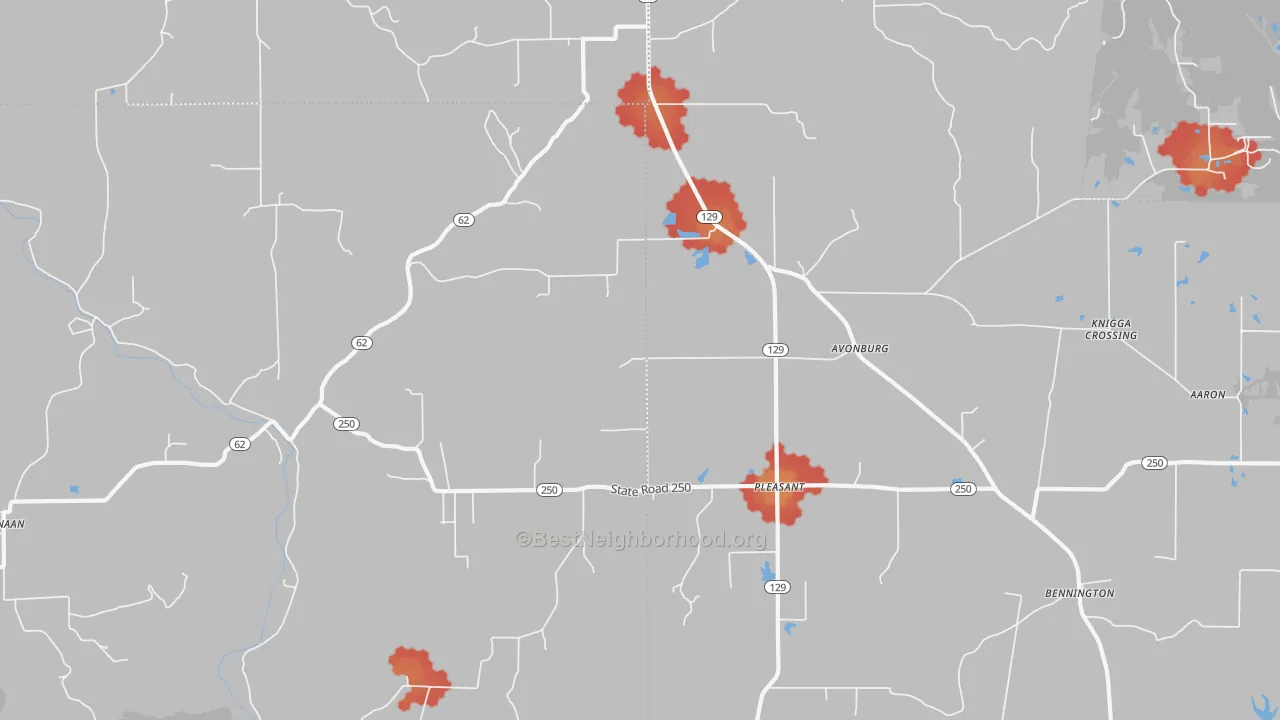 Walk Grade map of 47224, IN, walkable areas in green and car-dependent areas in red