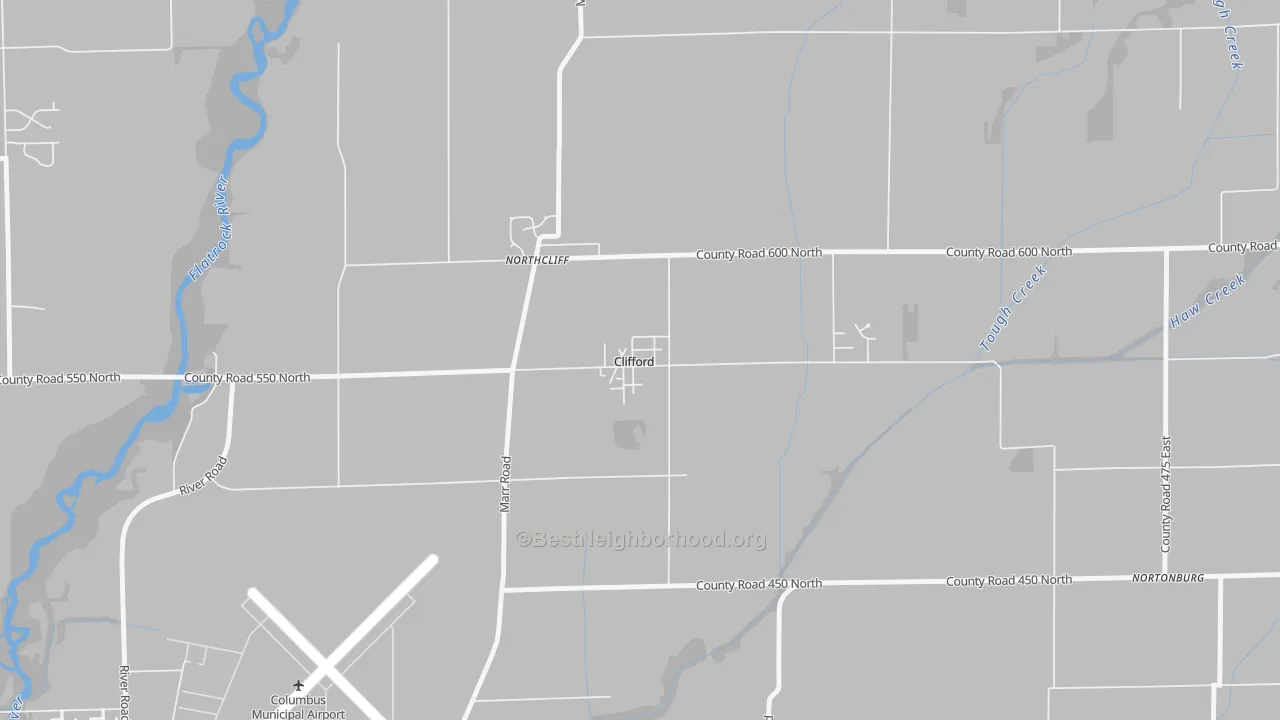 Walk Grade map of 47226, IN, walkable areas in green and car-dependent areas in red
