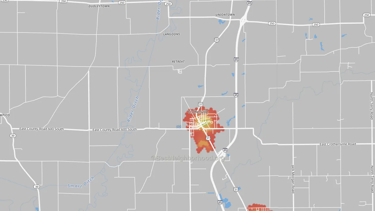 Walk Grade map of 47229, IN, walkable areas in green and car-dependent areas in red
