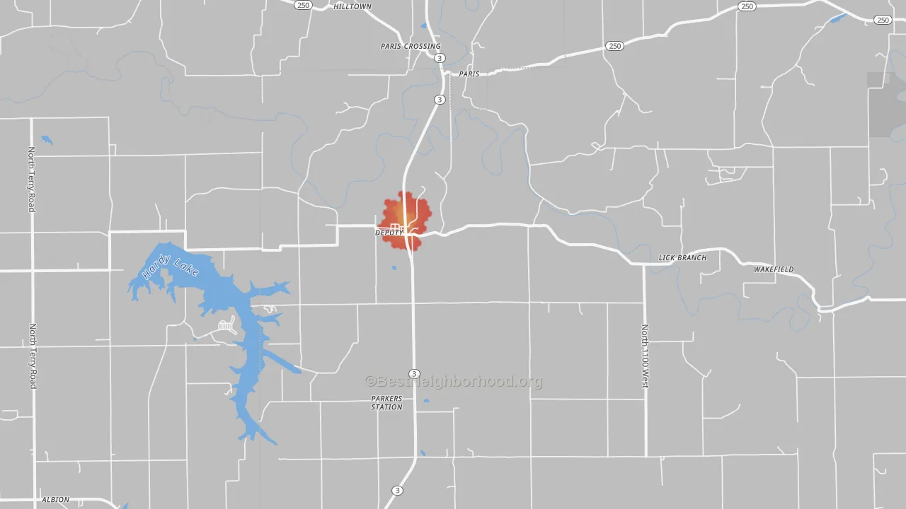 Walk Grade map of 47230, IN, walkable areas in green and car-dependent areas in red