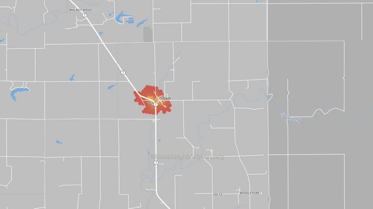 Walk Grade map of 47231, IN, walkable areas in green and car-dependent areas in red