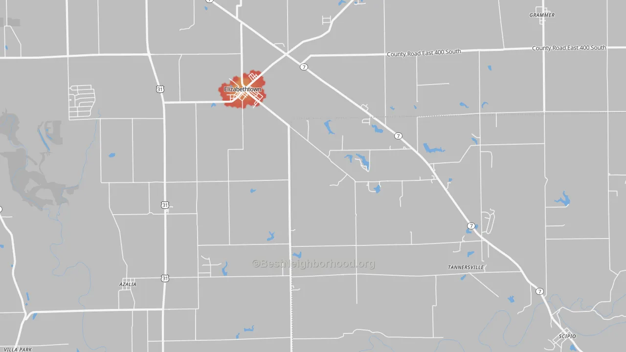 Walk Grade map of 47232, IN, walkable areas in green and car-dependent areas in red