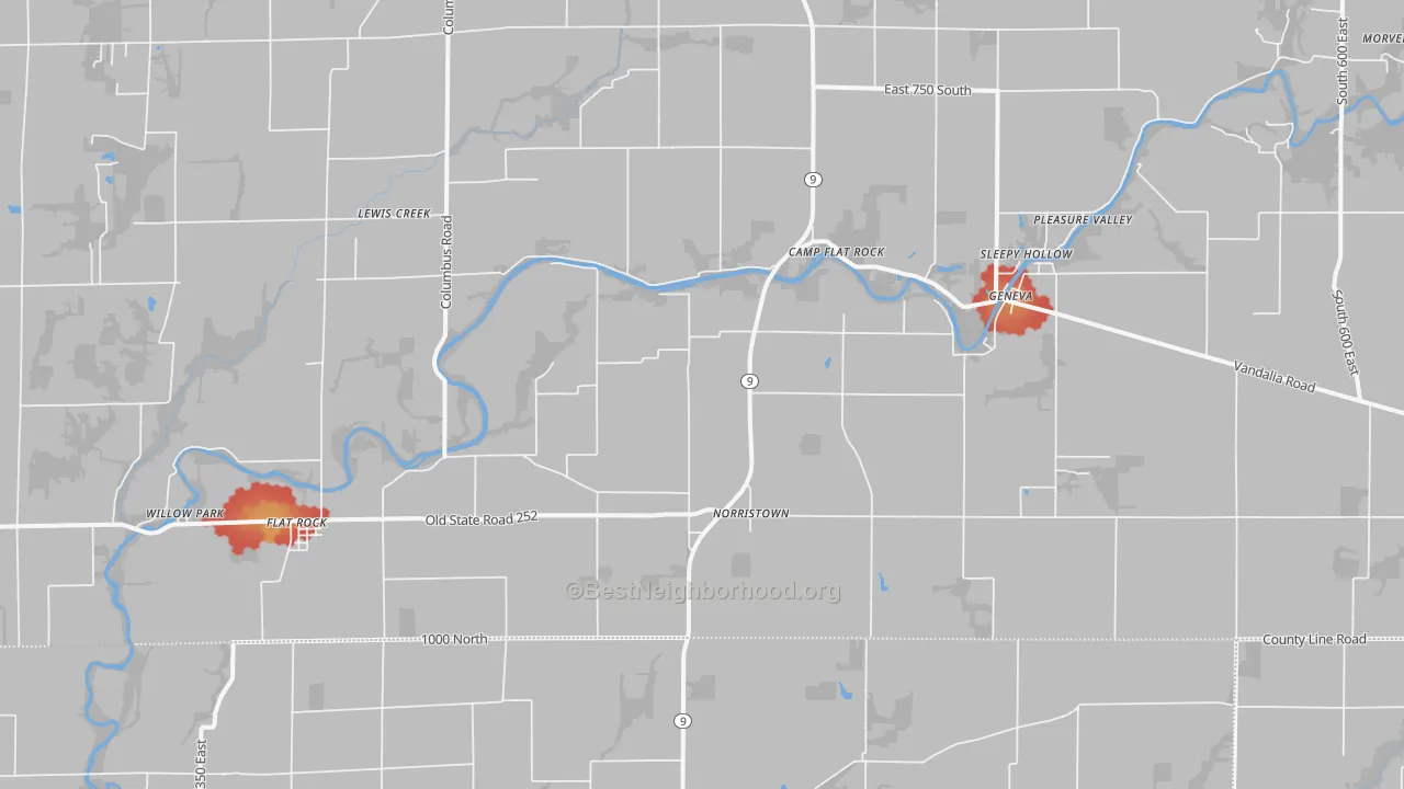 Walk Grade map of 47234, IN, walkable areas in green and car-dependent areas in red