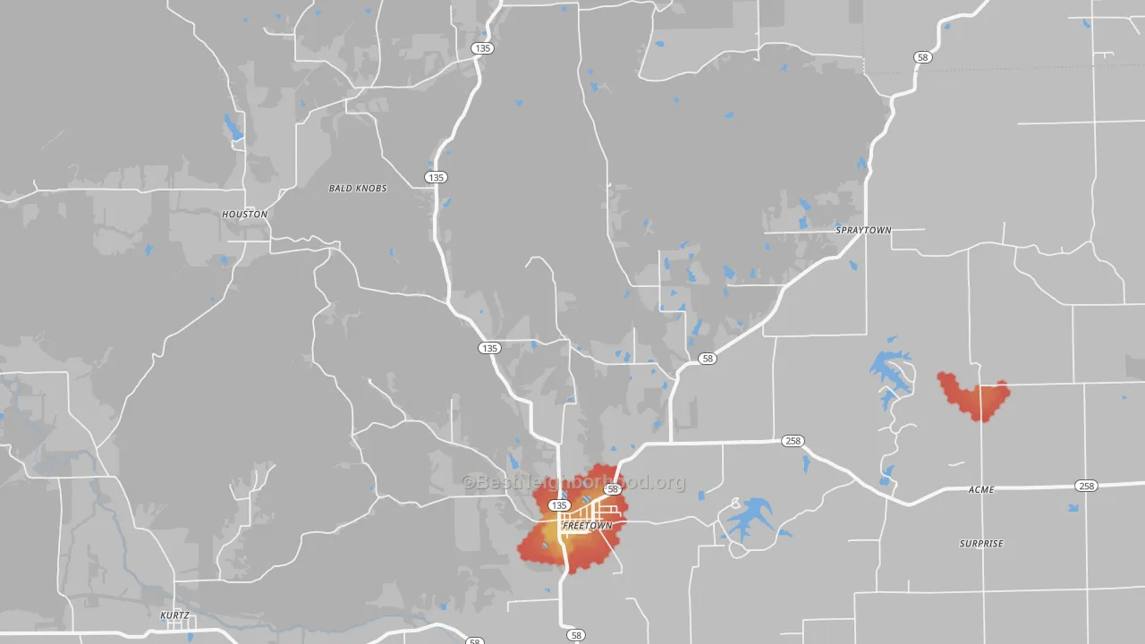 Walk Grade map of 47235, IN, walkable areas in green and car-dependent areas in red