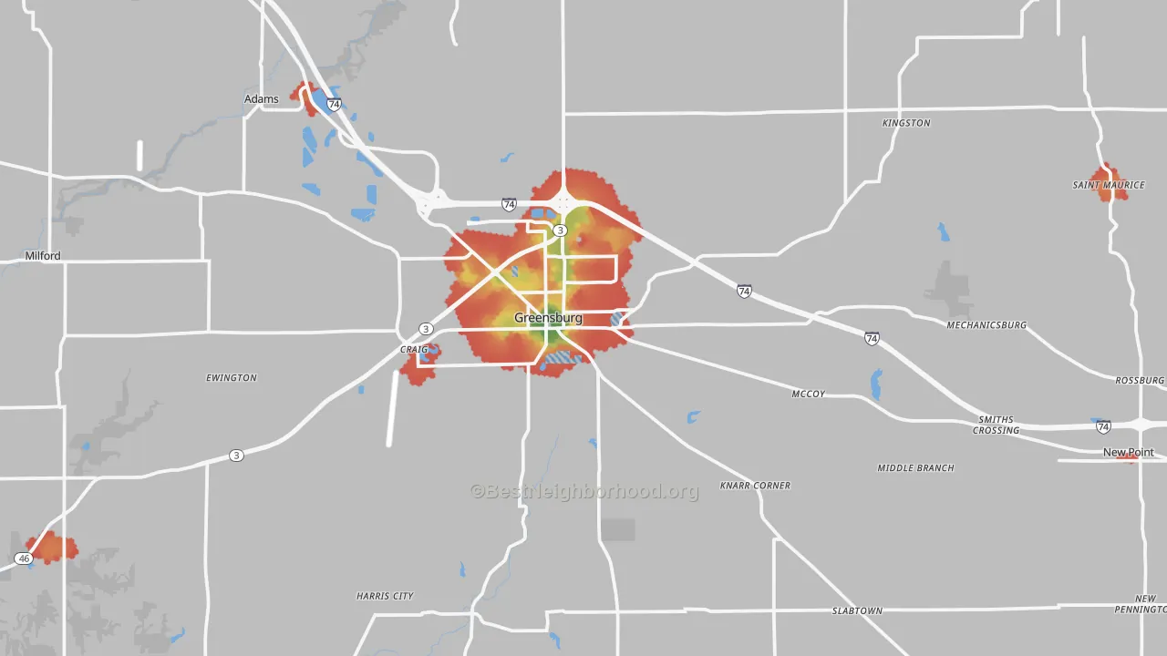 Walk Grade map of 47240, IN, walkable areas in green and car-dependent areas in red