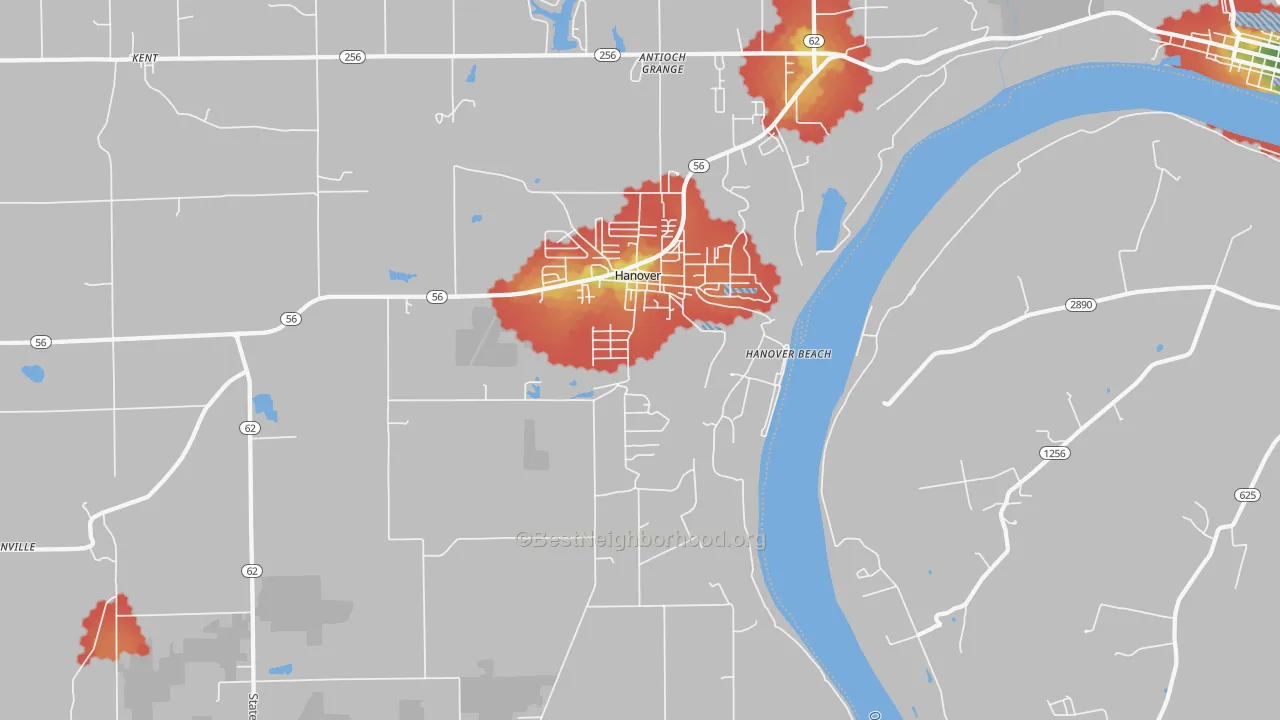 Walk Grade map of 47243, IN, walkable areas in green and car-dependent areas in red