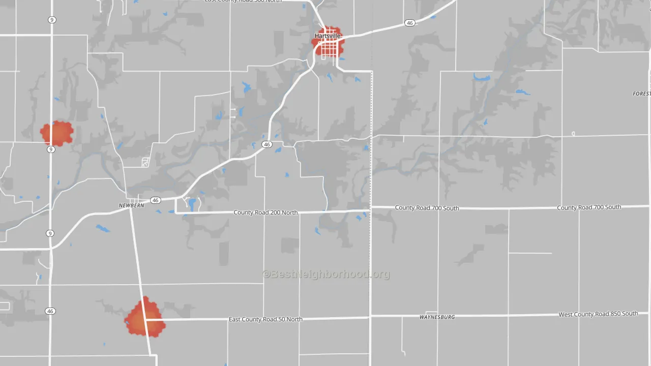 Walk Grade map of 47244, IN, walkable areas in green and car-dependent areas in red