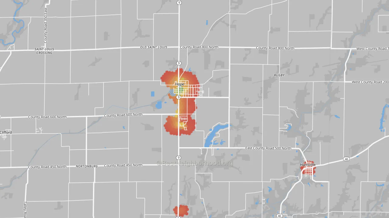 Walk Grade map of 47246, IN, walkable areas in green and car-dependent areas in red