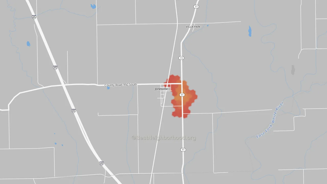 Walk Grade map of 47247, IN, walkable areas in green and car-dependent areas in red