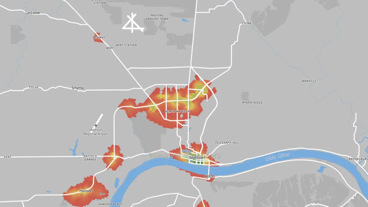 Walk Grade map of 47250, IN, walkable areas in green and car-dependent areas in red