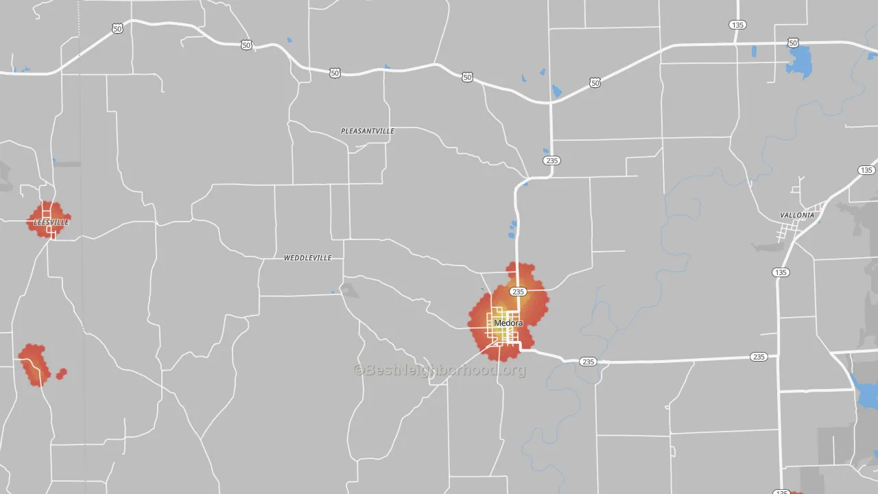 Walk Grade map of 47260, IN, walkable areas in green and car-dependent areas in red