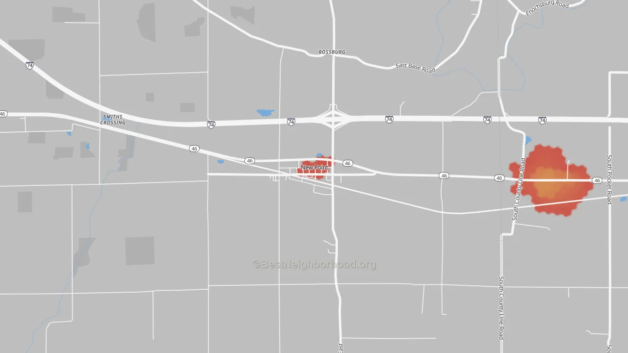 Walk Grade map of 47263, IN, walkable areas in green and car-dependent areas in red