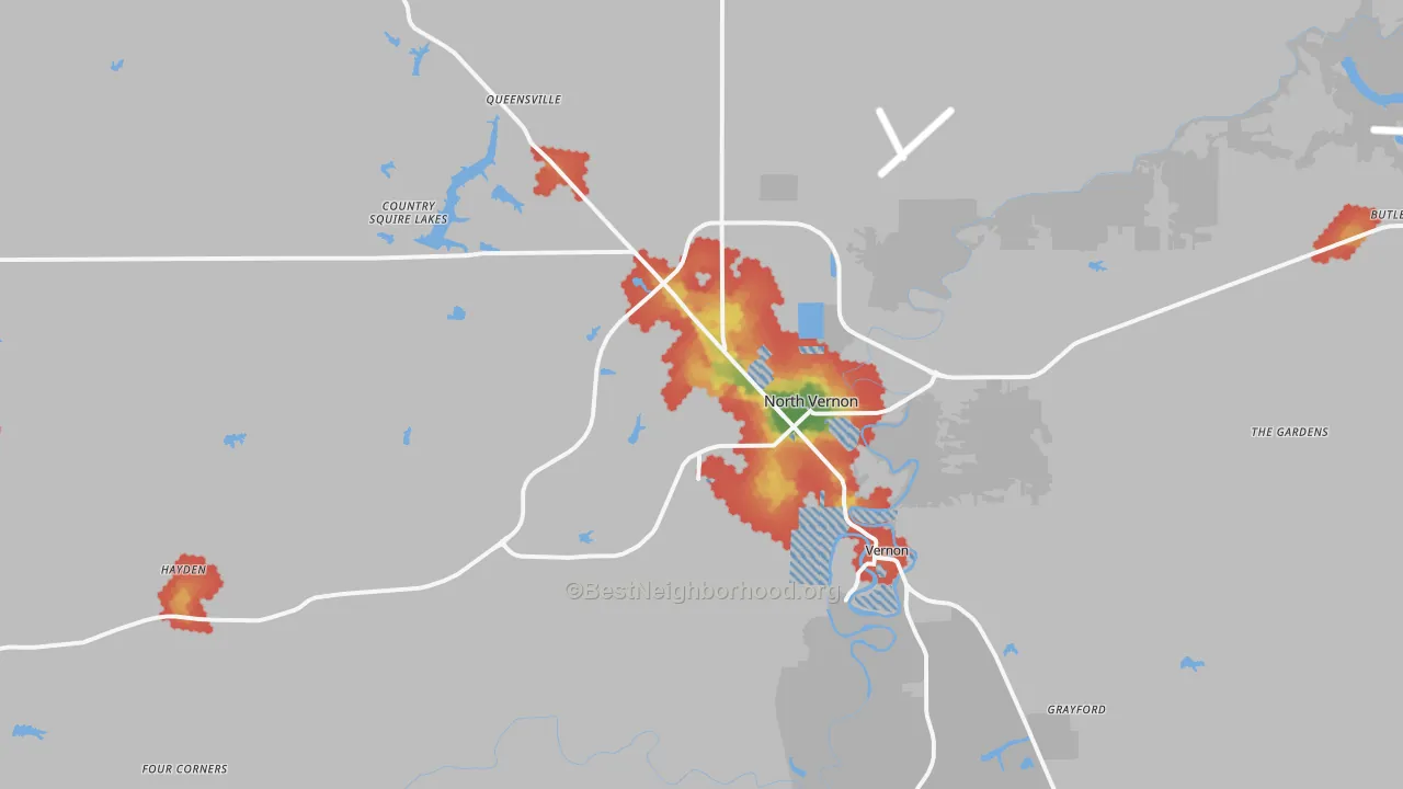 Walk Grade map of 47265, IN, walkable areas in green and car-dependent areas in red