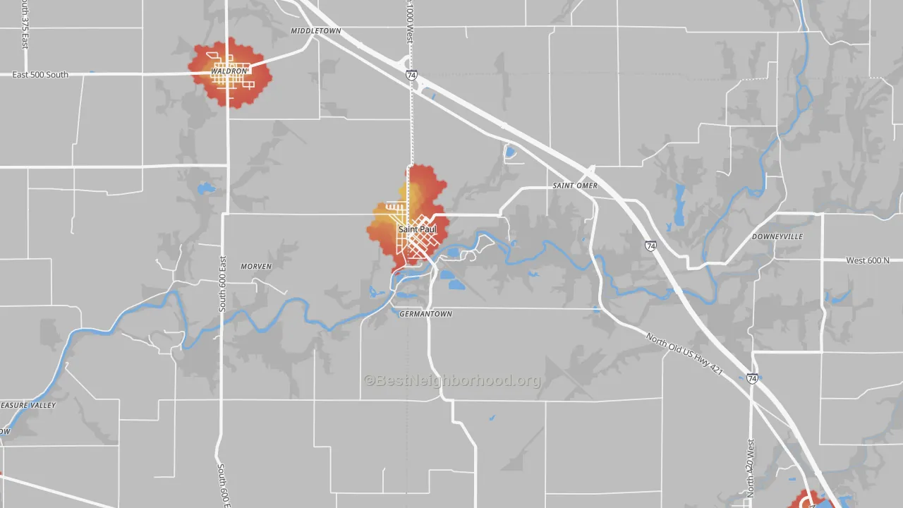 Walk Grade map of 47272, IN, walkable areas in green and car-dependent areas in red