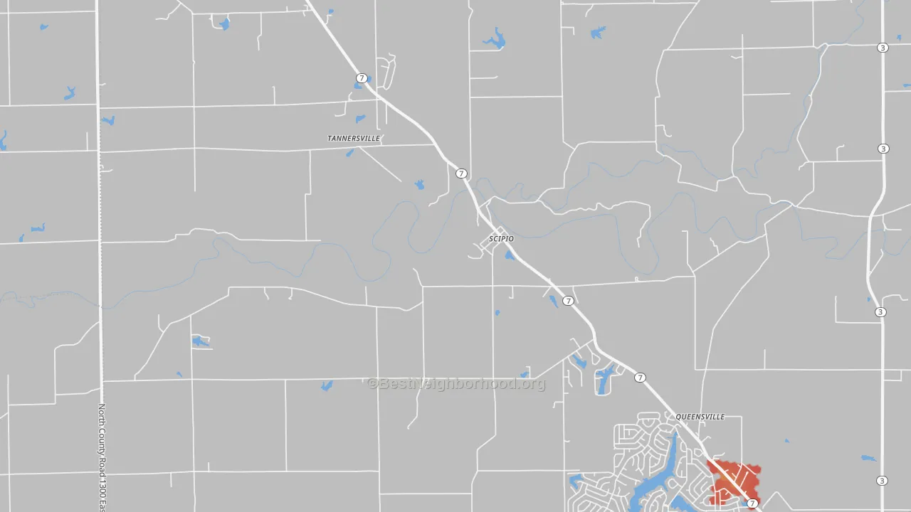Walk Grade map of 47273, IN, walkable areas in green and car-dependent areas in red