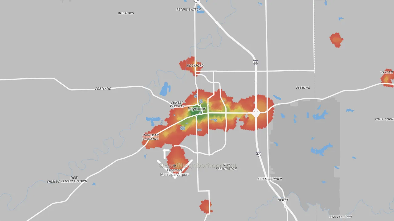Walk Grade map of 47274, IN, walkable areas in green and car-dependent areas in red