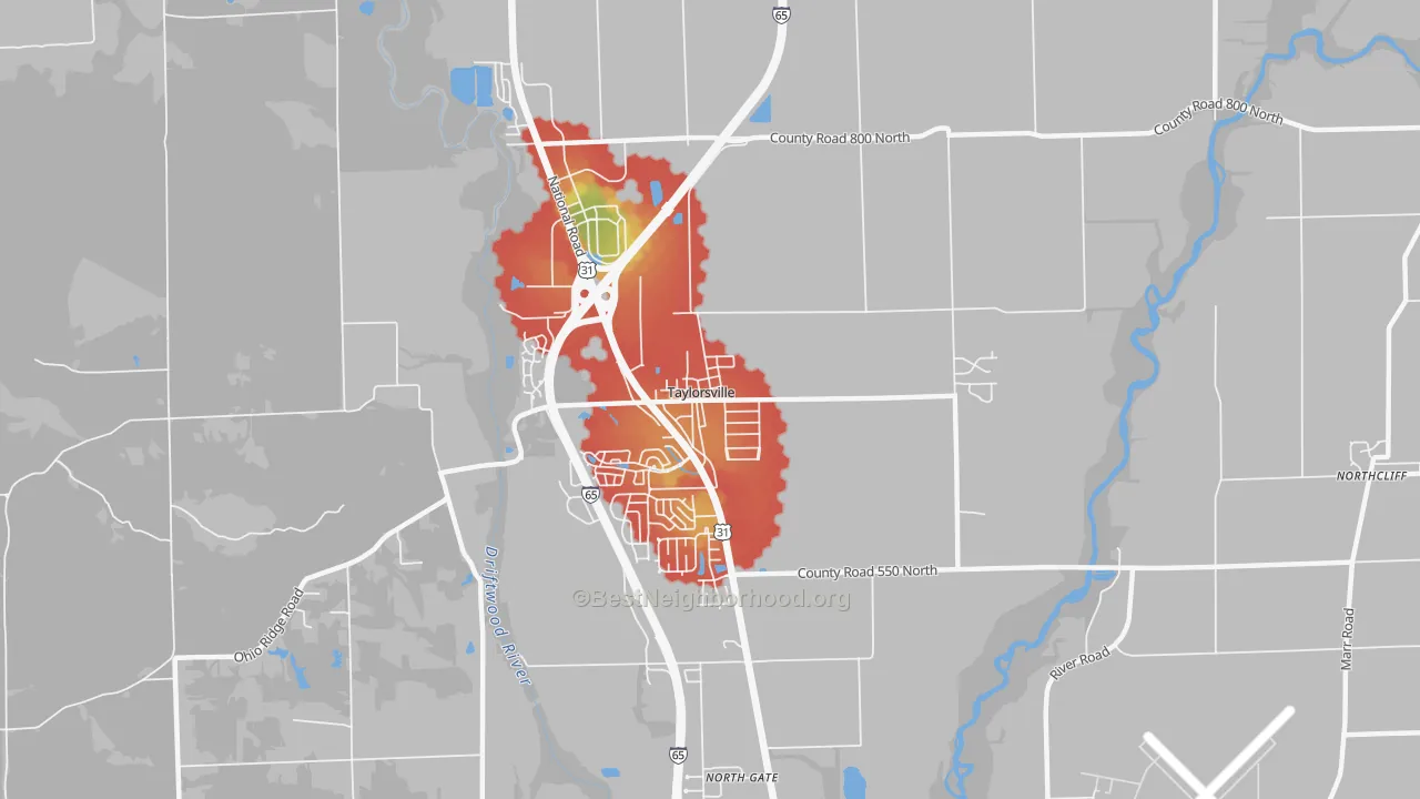 Walk Grade map of 47280, IN, walkable areas in green and car-dependent areas in red