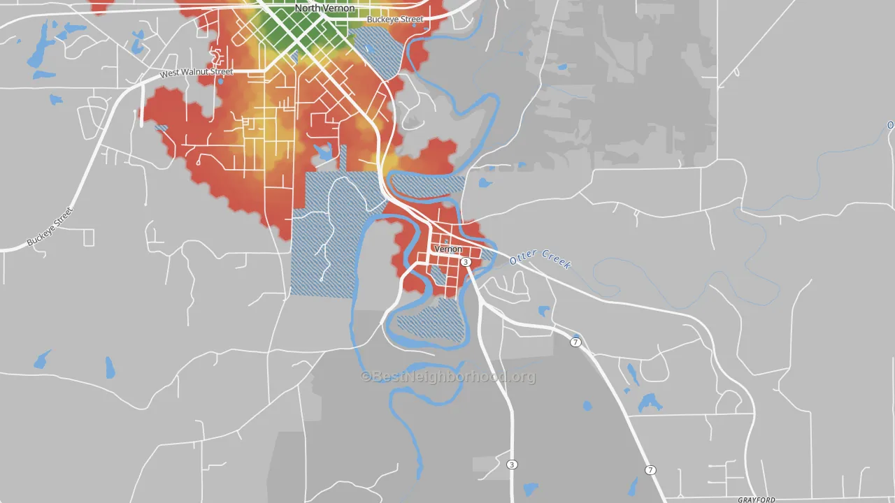 Walk Grade map of 47282, IN, walkable areas in green and car-dependent areas in red