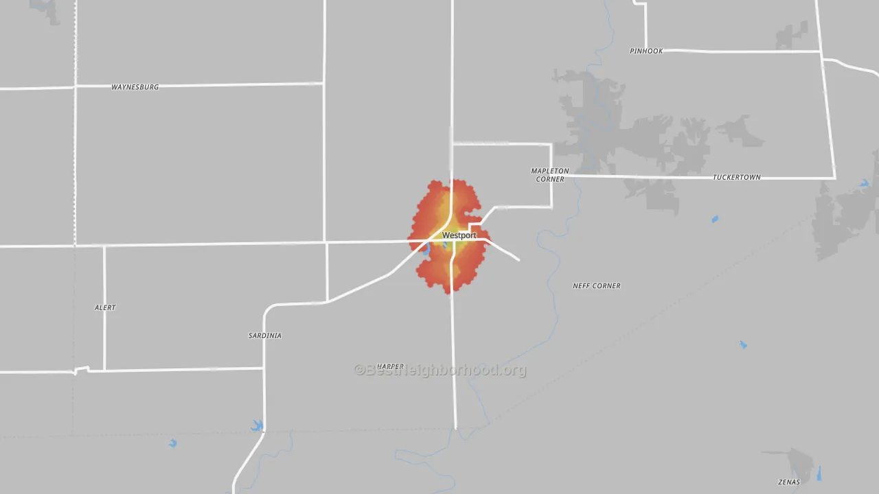 Walk Grade map of 47283, IN, walkable areas in green and car-dependent areas in red
