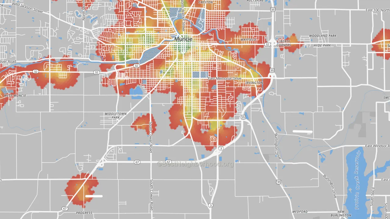 Walk Grade map of 47302, IN, walkable areas in green and car-dependent areas in red
