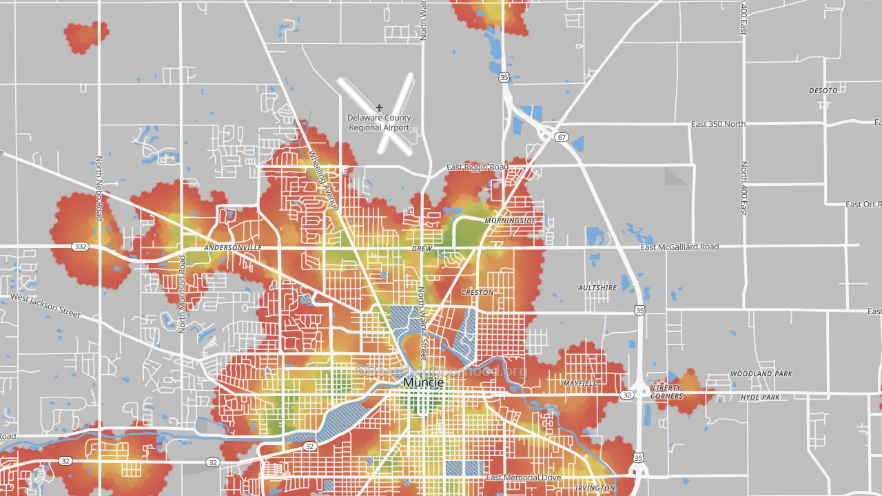 Walk Grade map of 47303, IN, walkable areas in green and car-dependent areas in red