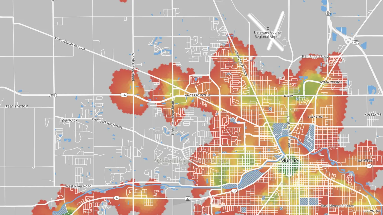 Walk Grade map of 47304, IN, walkable areas in green and car-dependent areas in red