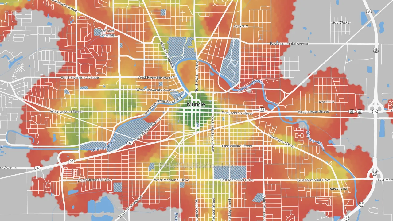 Walk Grade map of 47305, IN, walkable areas in green and car-dependent areas in red