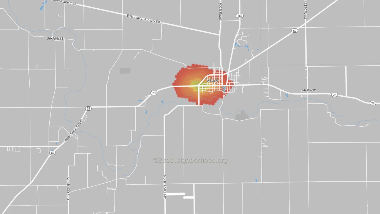 Walk Grade map of 47320, IN, walkable areas in green and car-dependent areas in red
