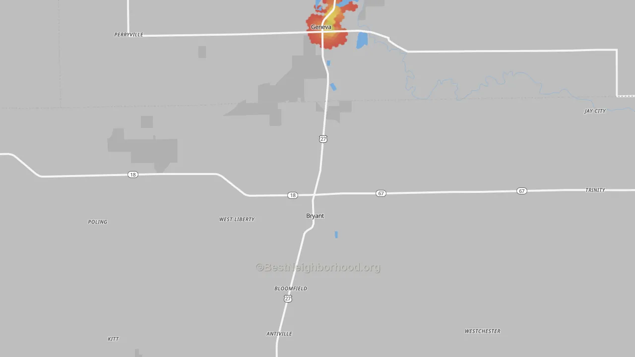 Walk Grade map of 47326, IN, walkable areas in green and car-dependent areas in red