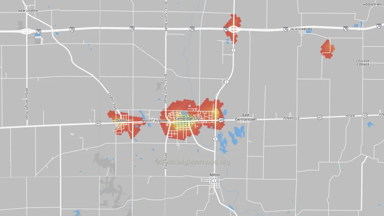 Walk Grade map of 47327, IN, walkable areas in green and car-dependent areas in red