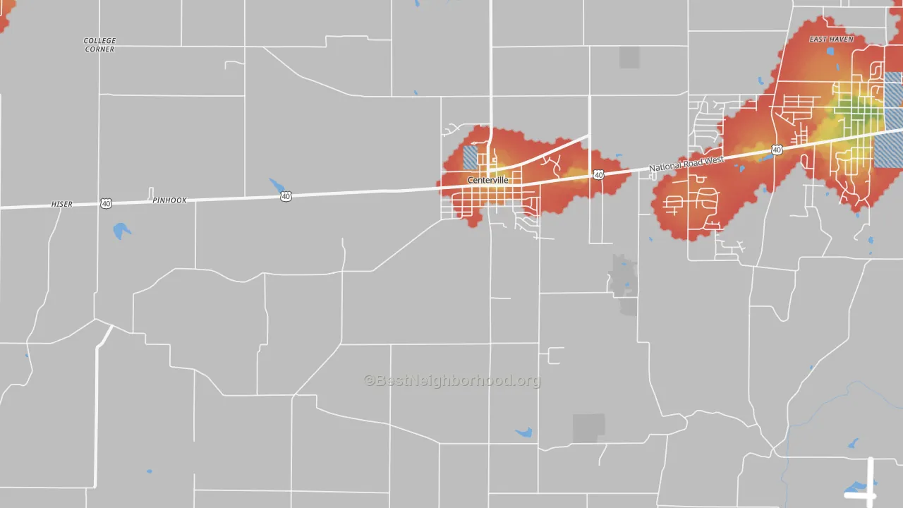 Walk Grade map of 47330, IN, walkable areas in green and car-dependent areas in red