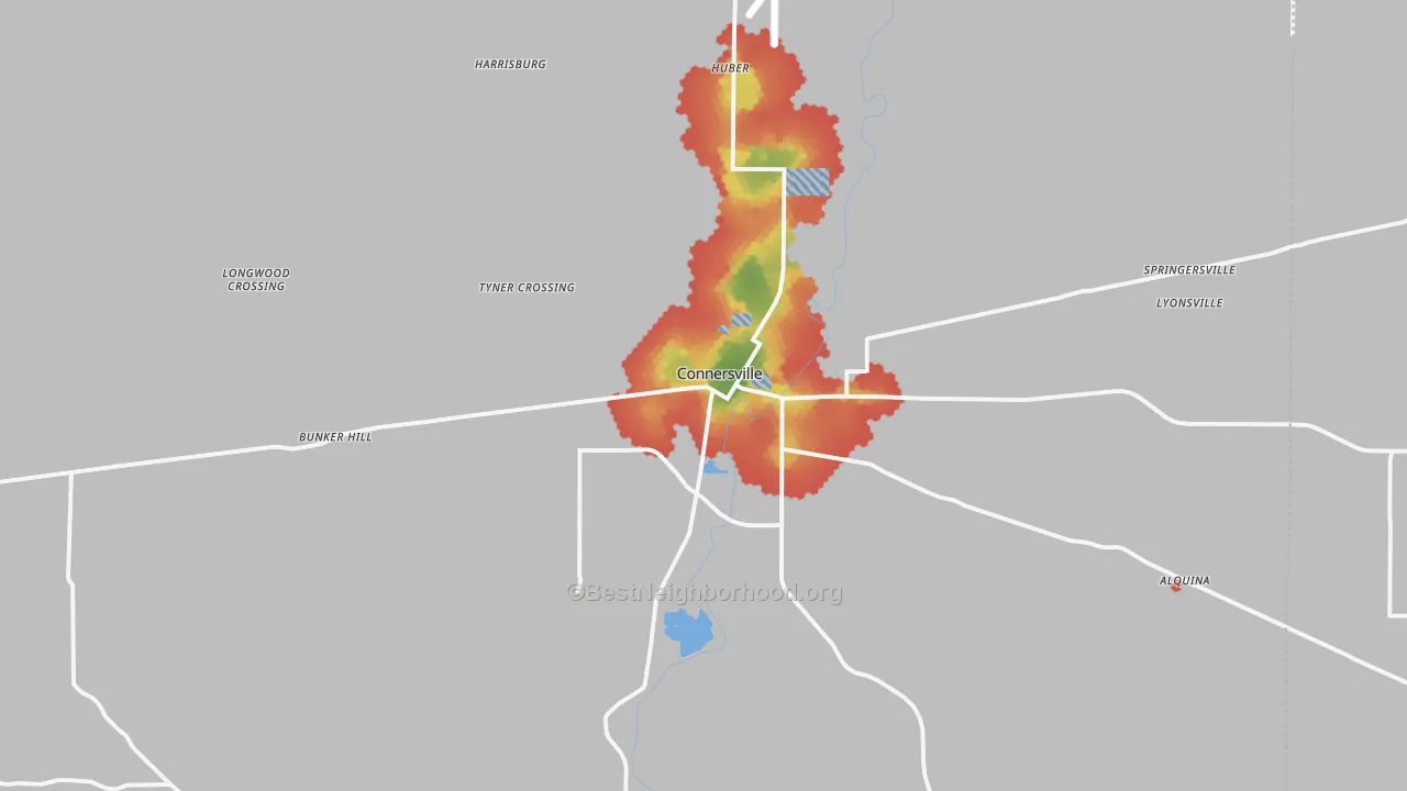 Walk Grade map of 47331, IN, walkable areas in green and car-dependent areas in red